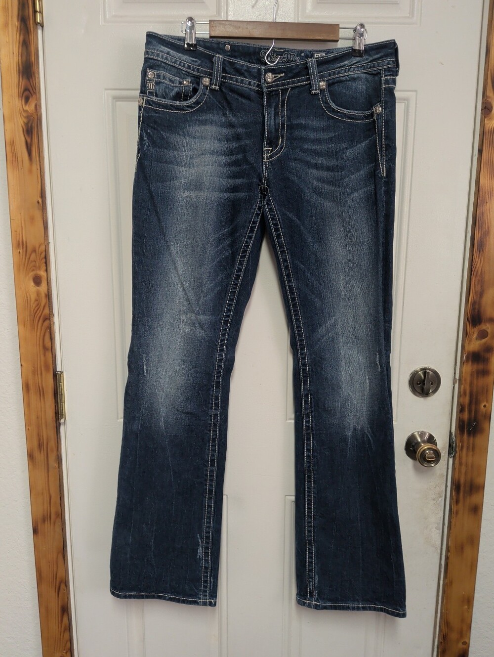 Miss Me Women's Boot Jeans  Medium Wash faux cowhide Star Embroidered Studded 32
